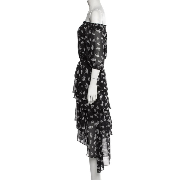 Maje Floral Off Shoulder Hi Low Black White Asymmetrical Midi Dress US M l FR 38 - Picture 7 of 14